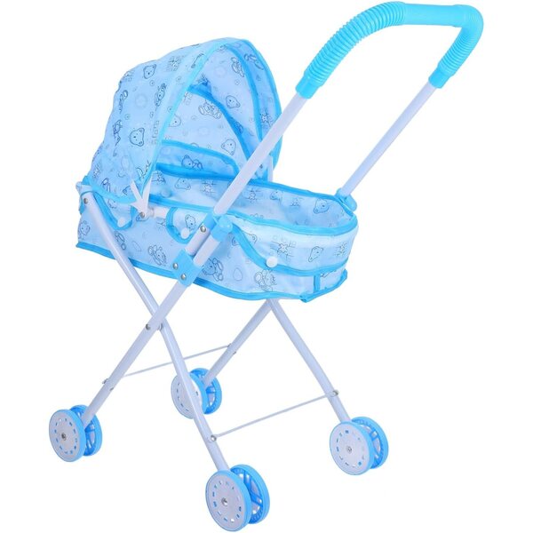 Leichter und kompakter Spielzeug-Kinderwagen für Puppen mit hellblauem Staufach