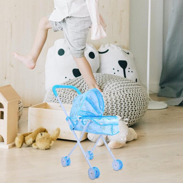 Leichter und kompakter Spielzeug-Kinderwagen für Puppen mit hellblauem Staufach