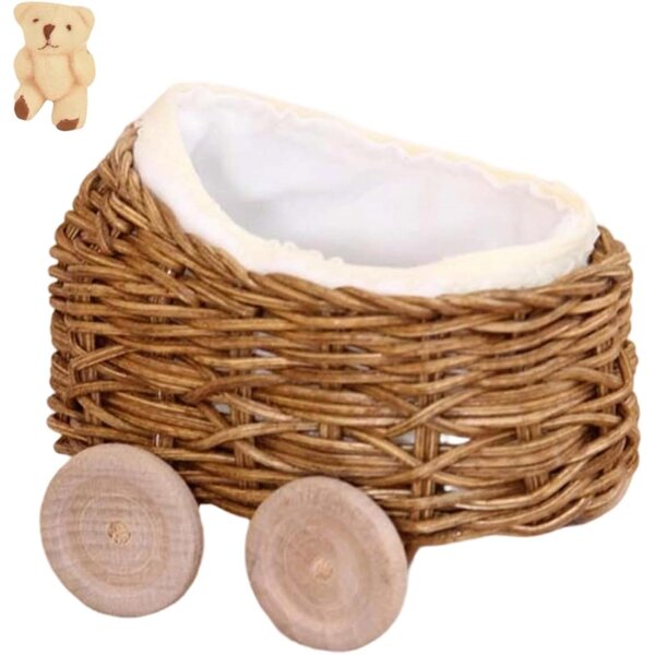 Carrello Miniatura in Rattan Naturale con Ruote Mobili e Orsetto per Bambole