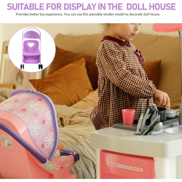 Lila Puppenwagen aus Kunststoff, dekoratives Accessoire für das Puppenhaus