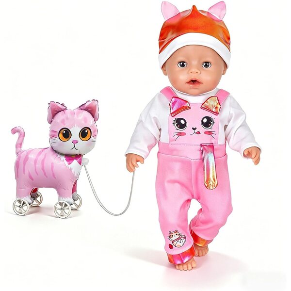 Salopette per bambole 35-43 cm con motivo gatto - Zouonou abbigliamento doll