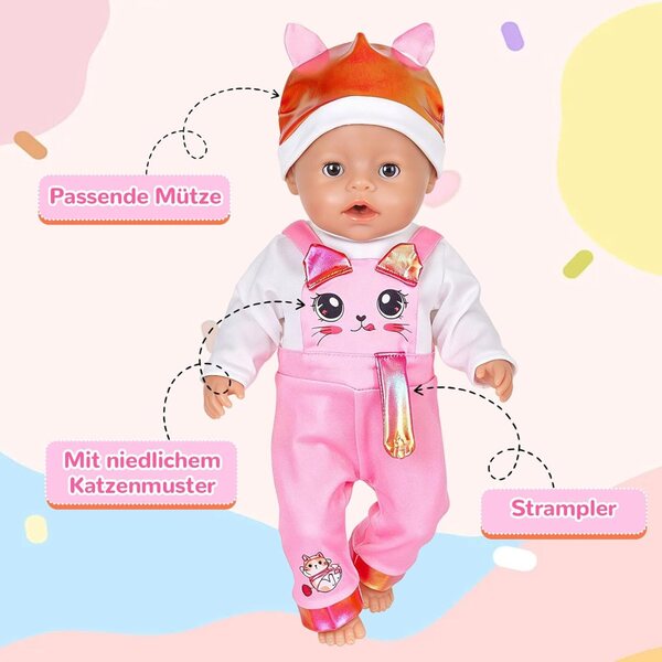 Salopette per bambole 35-43 cm con motivo gatto - Zouonou abbigliamento doll