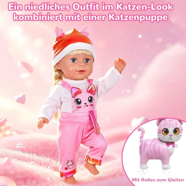 Salopette per bambole 35-43 cm con motivo gatto - Zouonou abbigliamento doll