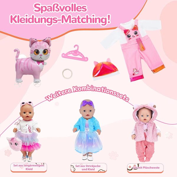 Salopette per bambole 35-43 cm con motivo gatto - Zouonou abbigliamento doll