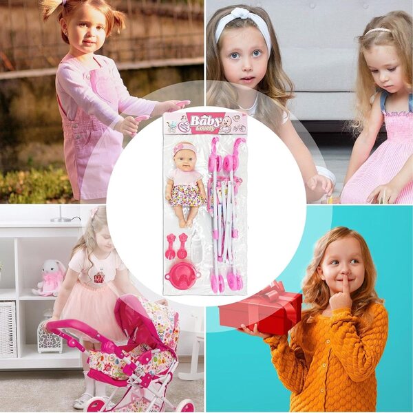 Bambola con Passeggino 10" Set Giocattoli di Simulazione per Bambini con Accessori