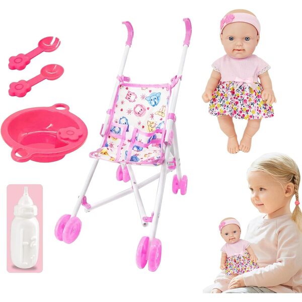 Bambola con Passeggino 10" Set Giocattoli di Simulazione per Bambini con Accessori