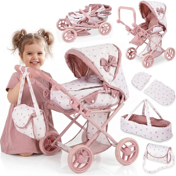 Kinderplay 3-in-1 verstellbarer, faltbarer und leiser Puppenwagen, Rosa