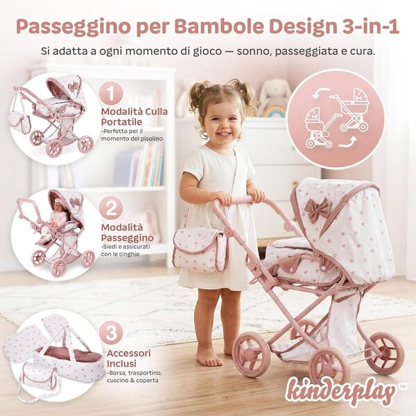 Kinderplay 3-in-1 verstellbarer, faltbarer und leiser Puppenwagen, Rosa