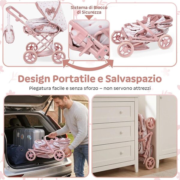 Kinderplay 3-in-1 verstellbarer, faltbarer und leiser Puppenwagen, Rosa