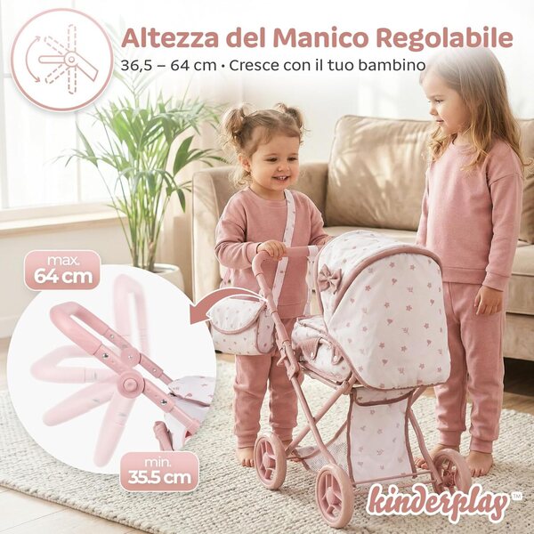 Kinderplay 3-in-1 verstellbarer, faltbarer und leiser Puppenwagen, Rosa