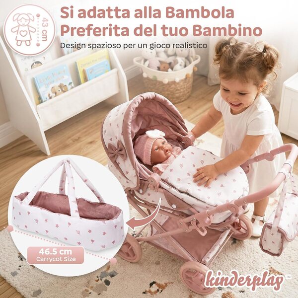 Kinderplay 3-in-1 verstellbarer, faltbarer und leiser Puppenwagen, Rosa