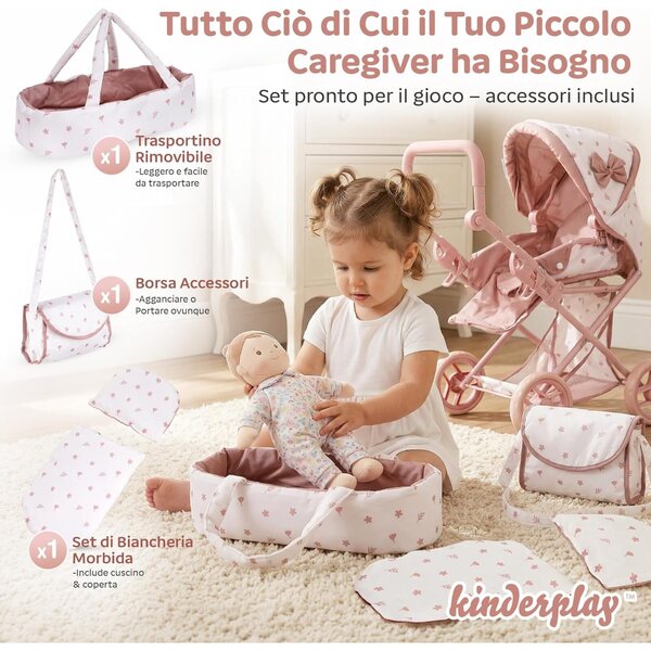 Kinderplay 3-in-1 verstellbarer, faltbarer und leiser Puppenwagen, Rosa