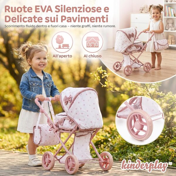 Kinderplay 3-in-1 verstellbarer, faltbarer und leiser Puppenwagen, Rosa