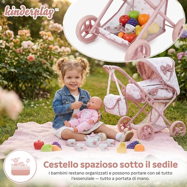 Kinderplay 3-in-1 verstellbarer, faltbarer und leiser Puppenwagen, Rosa
