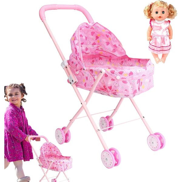 Rosa Spielzeugpuppenwagen mit Aufbewahrungskorb, kreatives Rollenspiel