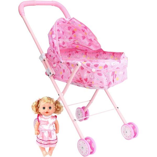 Rosa Spielzeugpuppenwagen mit Aufbewahrungskorb, kreatives Rollenspiel