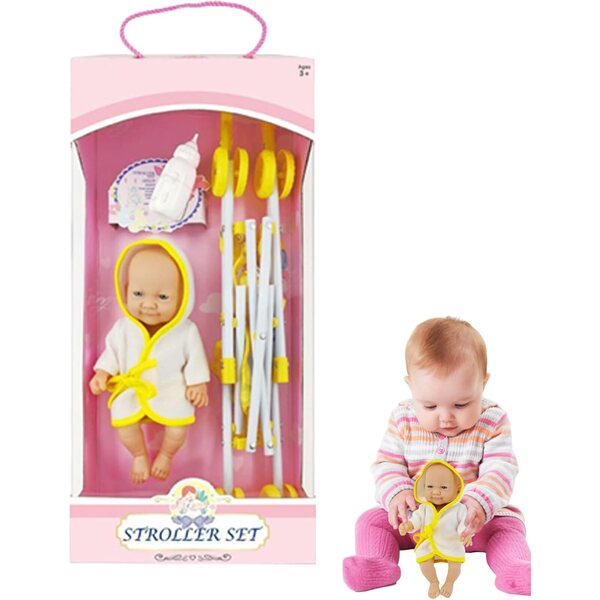 Passeggino Pieghevole per Bambole 10" Set Gioco con Bottiglia e Bambola - Giocattolo Sicuro e Portatile