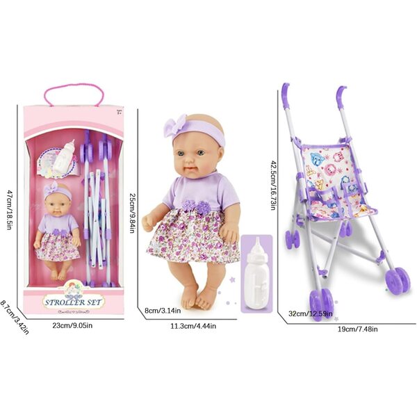 10" faltbarer Puppenwagen mit Puppe und Flasche – kreatives Rollenspiel