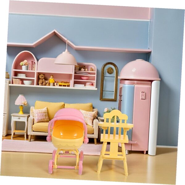 LOLIPPYY Mini-Kinderwagen- und Hochstuhl-Set für Puppenhäuser, realistisches Zubehör