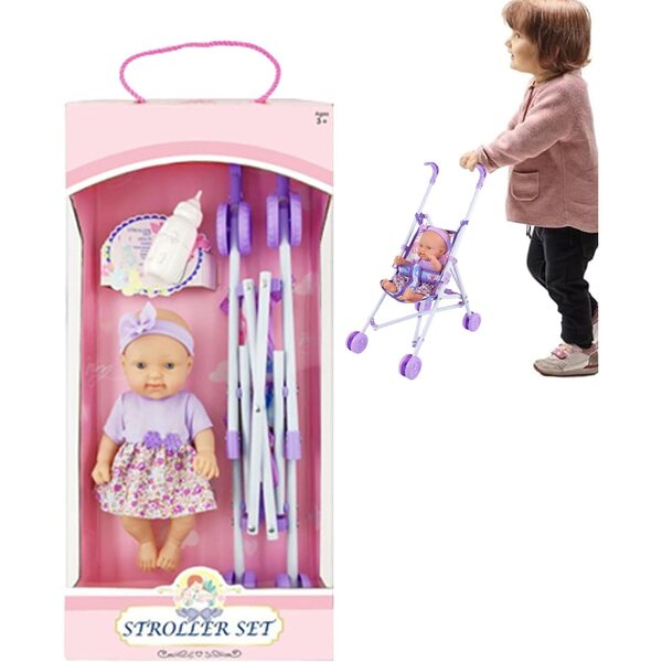 10 Zoll faltbarer Puppenwagen mit realistischer Puppe und Zubehör