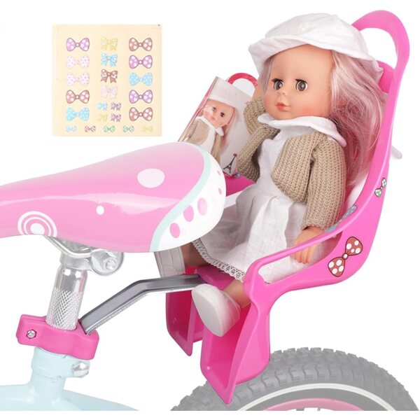 Rosa und lila Puppenfahrradsitz mit Aufklebern – Spielzeugzubehör für Kinder