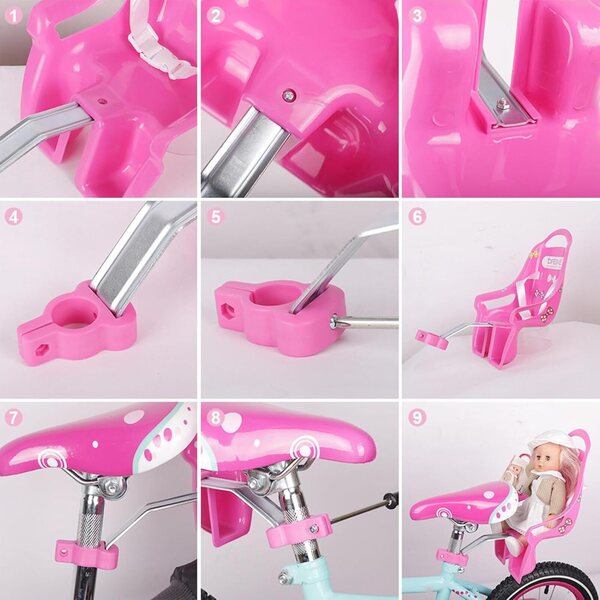 Rosa und lila Puppenfahrradsitz mit Aufklebern – Spielzeugzubehör für Kinder