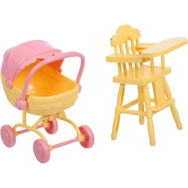Miniatur-Puppenzubehör-Set: Gelber ABS-Kinderwagen und Hochstuhl für Rollenspiele