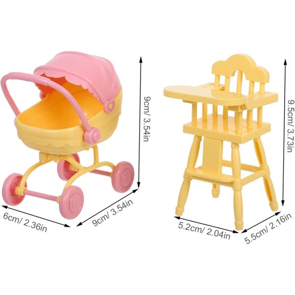 Miniatur-Puppenzubehör-Set: Gelber ABS-Kinderwagen und Hochstuhl für Rollenspiele
