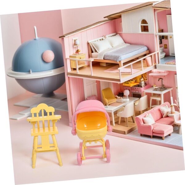 Miniatur-Puppenzubehör-Set: Gelber ABS-Kinderwagen und Hochstuhl für Rollenspiele