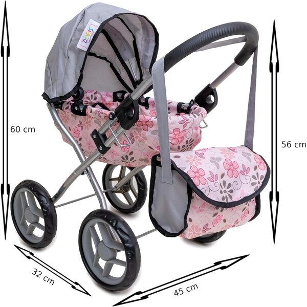 Doris Puppenkinderwagen mit Tasche, faltbarer Kabine und 60 cm Schaumstoffrädern