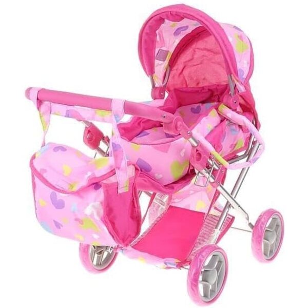 Rosafarbener Kinderwagen mit Herz Adar M2112 für Puppen mit funktioneller Transporttasche