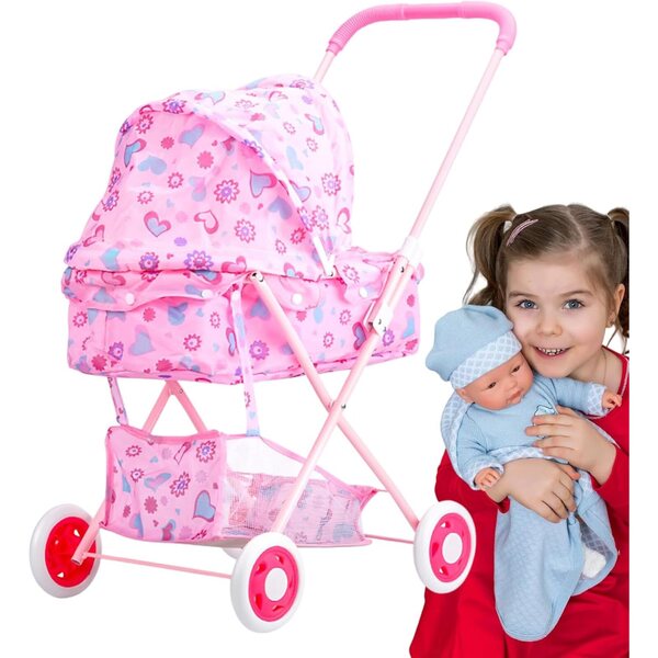 Robuster und geräumiger rosafarbener Puppenwagen, realistisches Spielzeug für Kinder