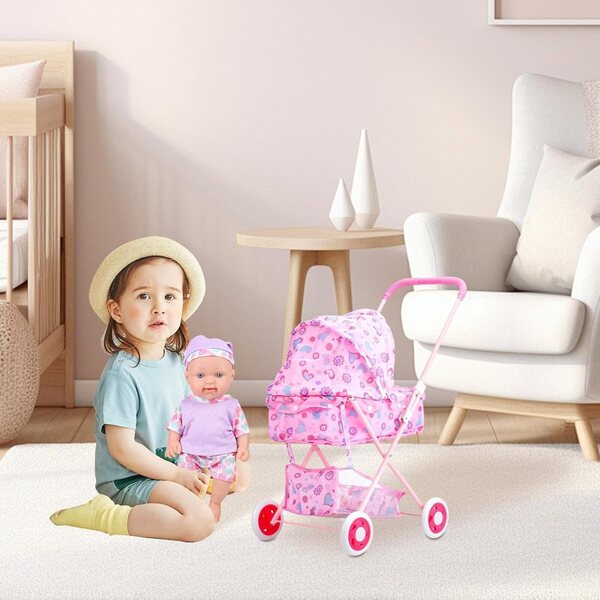 Robuster und geräumiger rosafarbener Puppenwagen, realistisches Spielzeug für Kinder