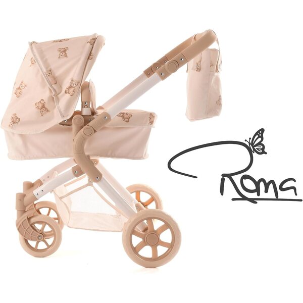 Passeggino bambole Roma 2 in 1 con manico regolabile, navicella e sedile, leggero e pieghevole