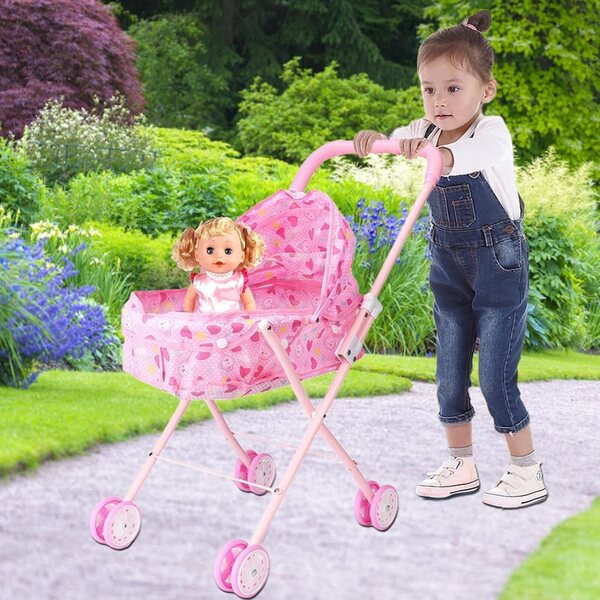 Zusammenklappbarer rosafarbener Puppenwagen mit Korb, leicht und einfach zu montieren