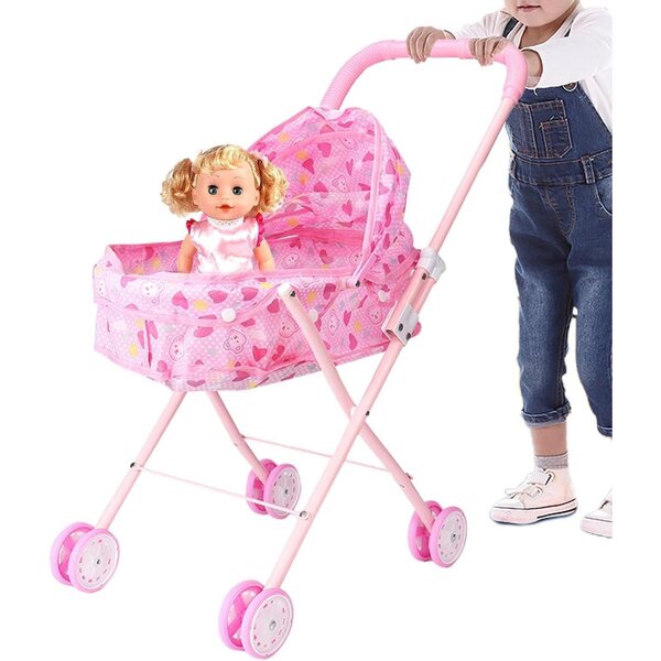 Zusammenklappbarer rosafarbener Puppenwagen mit Korb, leicht und einfach zu montieren