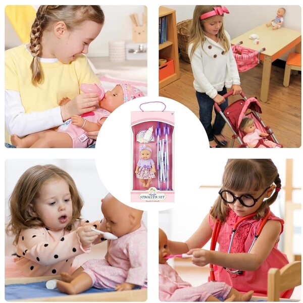 10'' faltbarer Kinderwagenspielzeug mit Flasche für Mädchen ab 3 Jahren