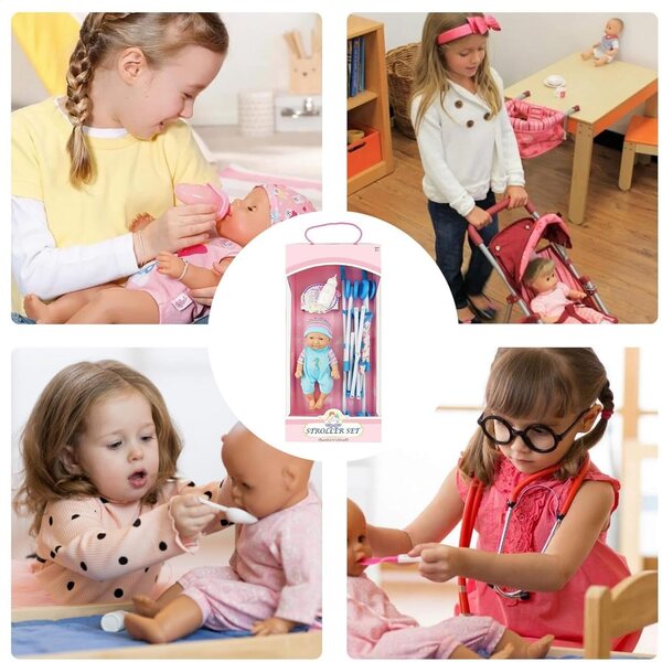 10 Zoll faltbarer Spielzeug-Kinderwagen für Mädchen mit Flasche und Zubehör