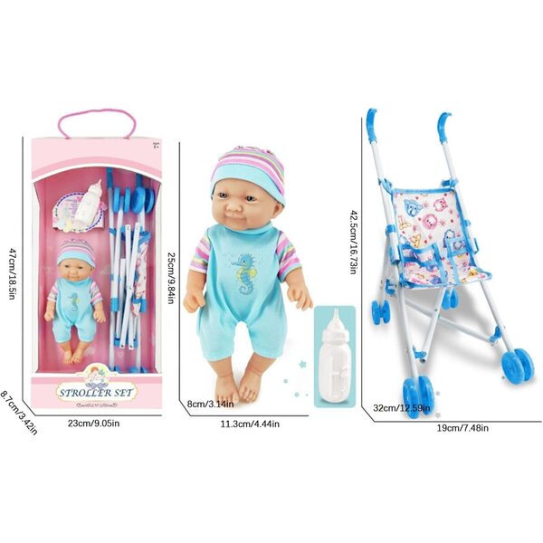 10 Zoll faltbarer Spielzeug-Kinderwagen für Mädchen mit Flasche und Zubehör