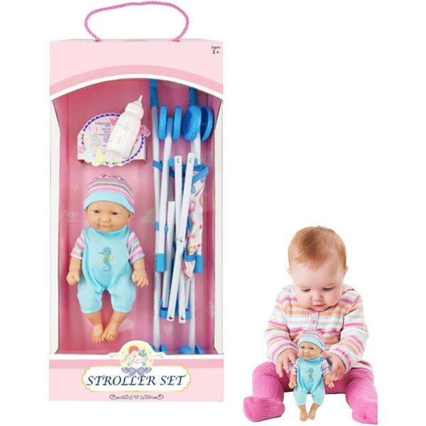 10 Zoll faltbarer Spielzeug-Kinderwagen für Mädchen mit Flasche und Zubehör