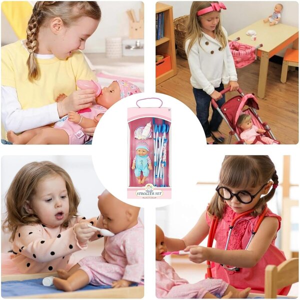 Zusammenklappbarer Spielzeug-Kinderwagen 25 cm mit Flasche für Mädchen – realistisch und sicher