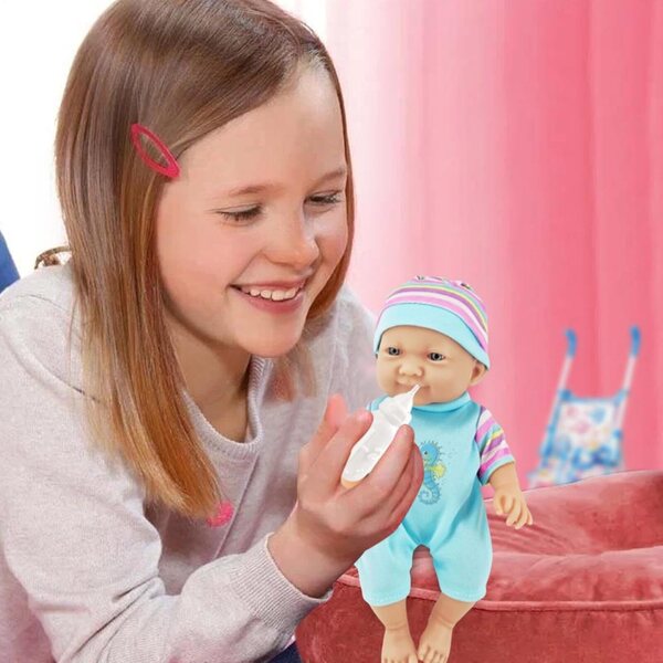 Zusammenklappbarer Spielzeug-Kinderwagen 25 cm mit Flasche für Mädchen – realistisch und sicher