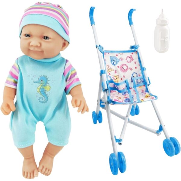 Zusammenklappbarer Spielzeug-Kinderwagen 25 cm mit Flasche für Mädchen – realistisch und sicher