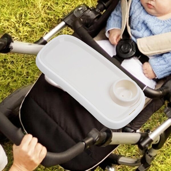 Kinderwagentablett mit Getränkehalter, praktisch und stabil aus weißem PP-Material