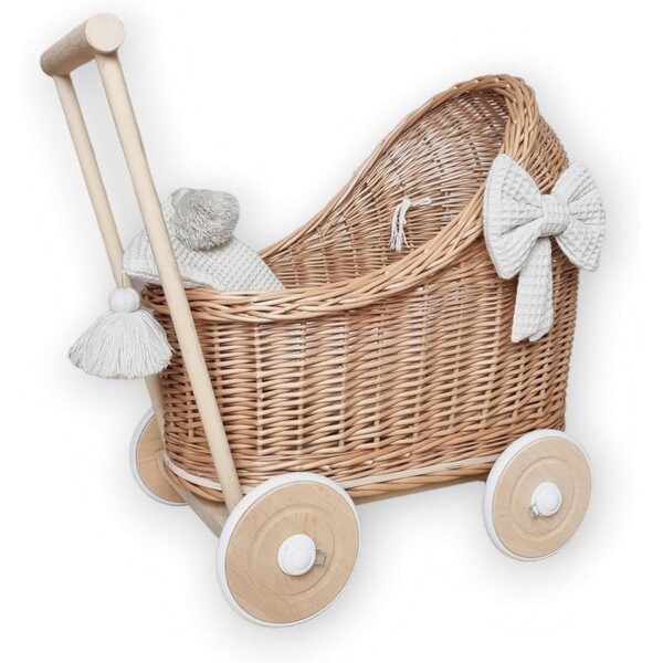 WikliBOX Kinderwagen aus Naturgeflecht für Puppen mit Holzrädern und Bettwäsche inklusive