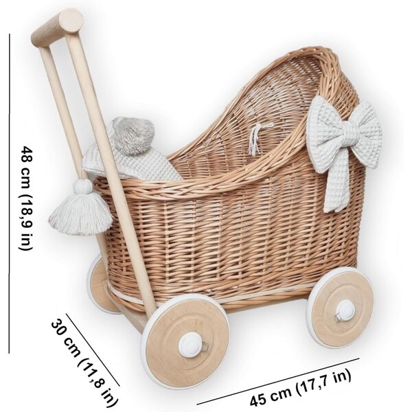 WikliBOX Kinderwagen aus Naturgeflecht für Puppen mit Holzrädern und Bettwäsche inklusive