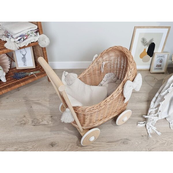 WikliBOX Kinderwagen aus Naturgeflecht für Puppen mit Holzrädern und Bettwäsche inklusive