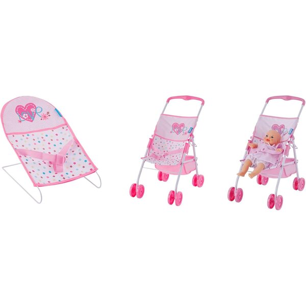 Spielset mit 36 cm großer Puppe, klappbarem Kinderwagen und Schaukelstuhl für Kinder ab 3 Jahren