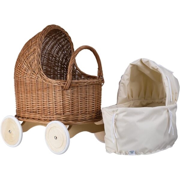 Puppenwagen aus natürlichem Korbgeflecht – langlebiger und handgefertigter Spielzeugwagen für Mädchen