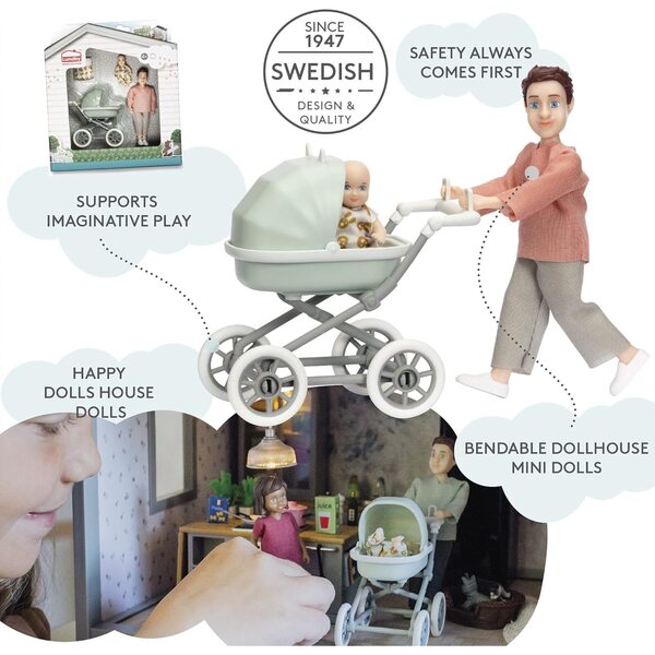 Lundby Set Bambole con Baby e Carrozzina per Casa delle Bambole in Scala 1:18